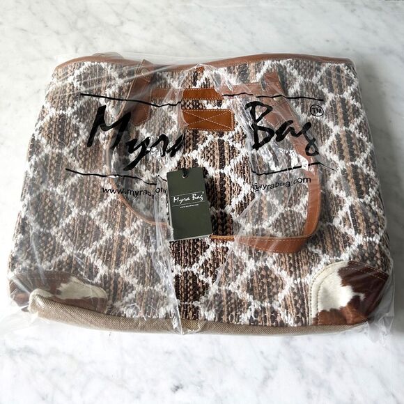 Myra Bag Perfect Match Upcycled Brown Ivory Canvas Cowhide Tote Crossbody Purse - Picture 10 of 16